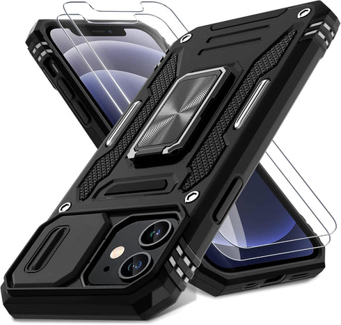 DEERLAMN iPhone 12/12 Pro Case - Black, Military Grade Shockproof, Slide Camera Cover, Screen Protector (2 Packs),