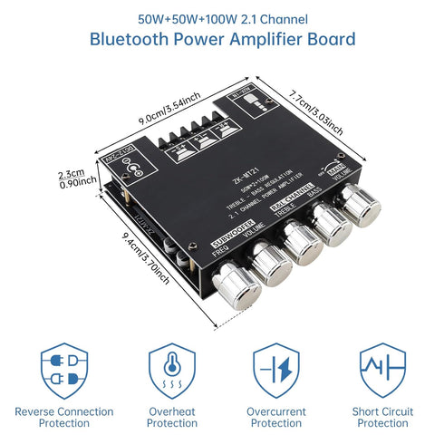 DiGiYes 2.1 50W 2+100W 12V-24V Bluetooth Power Amplifier Board with Subwoofer Channel x DC Audio Power Amplifier Module
