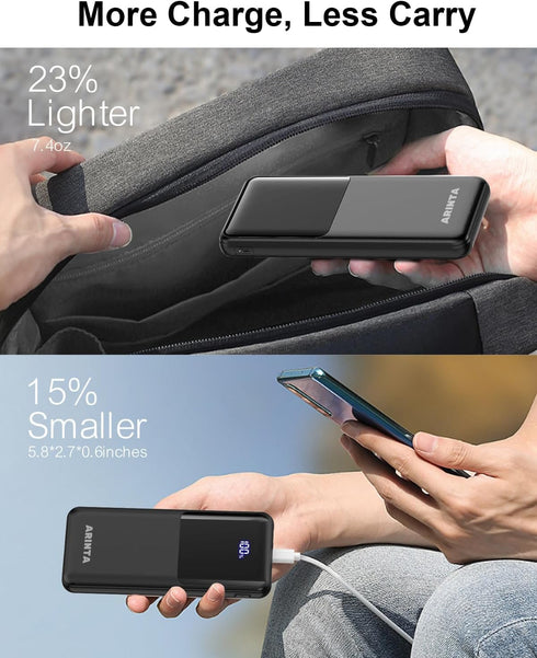 ARINTA 10000mAh 22.5W Pack, Power Bank Portable Charger PD Battery LED Display & USB-C in/Out, Travel Essentials