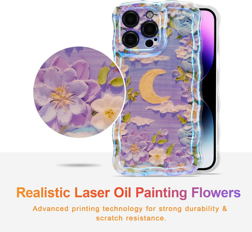 EYZUTAK Case for iPhone 13 Pro Max, Colorful Retro Oil Painting Flower Moon Pattern Laser Cute Curly Wave Edge Exquisite Phone Cover Stylish Durable TPU Protective Case for Girls Women - Purple White