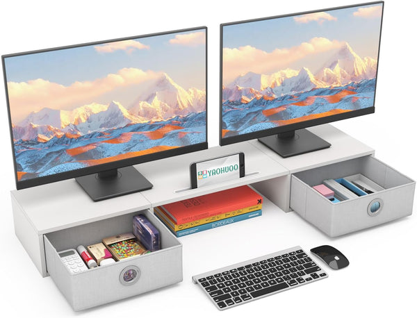 Dual Monitor Stand with 2 Drawers, Large Desktop Organizer for 2 Monitors, PC/Laptop/TV/Printer Storage, White & Pink