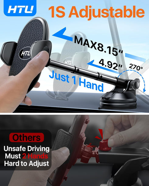 Cell Phone Holder for Car with 360° Rotatable Stand, Military-Grade Suction, Flexible Telescopic Arm, Black
