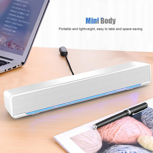 Estink PC Soundbar, Plastic USB Wired Stereo Soundbar Music Player Bass Surround Sound Box with 3.5mm Input for Desktop Laptop Tablet PC Smartphones, 12.6 x 2.5 x 2.7inch (White)