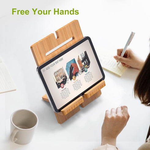 Pezin & Hulin Bamboo Tablet Stand Adjustable, Desktop Cell Phone Stand Holder Dock Compatible with Pad 9.7, 10.5, 12.9, Air 2 3 4 Mini, Kindle, Phone 8 Plus X XS Max XR (Support to 4.7-13" Devices) by Pezin & Hulin