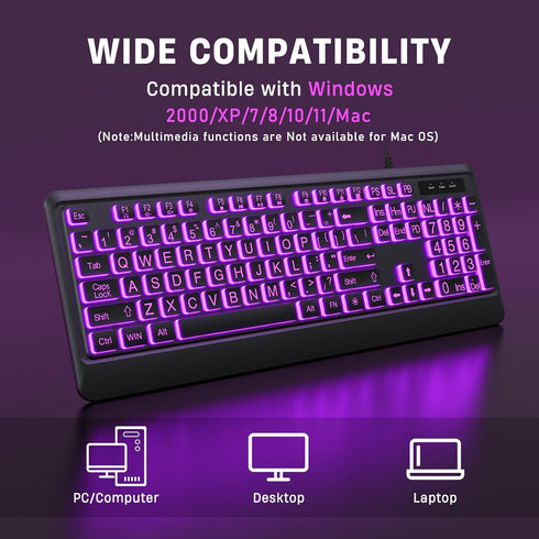 Large Print Keyboard - 7 Interchangeable Backlight Colors, Light Up USB Wired Computer Keyboards, USB Plug-and-Play,