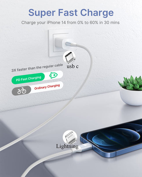 Power USB C to Lightning Cable 6FT 2Pack, MFi Certified Braided Fast Charger for iPhone 14, 13, 12, iPad & more.