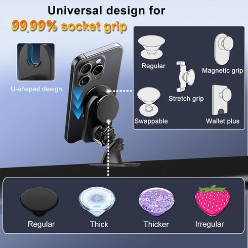 JCTRIWAY Vent or Dashboard Car Phone Mount for Popsocket, Dashboard Adapter Adhesive and Vent Clip, Compatible