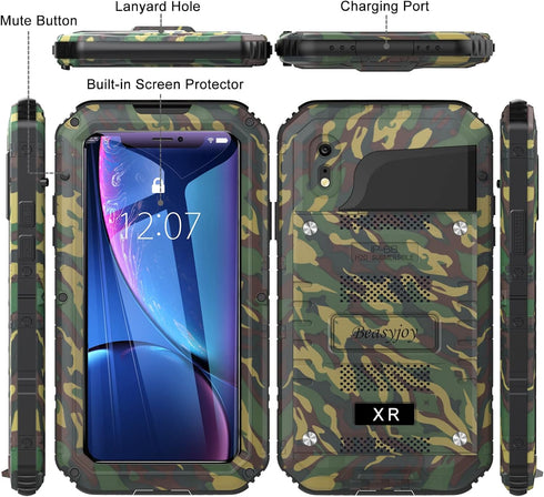 Beasyjoy Metal Case for iPhone XR - Heavy Duty Full Body Protective Waterproof Shockproof Camo