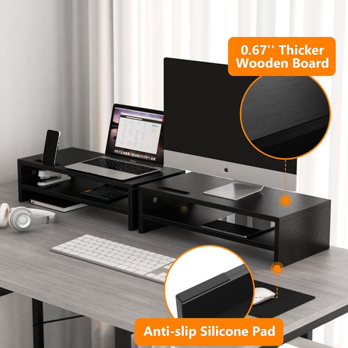Wood Monitor Stand Riser - 2 Tier Black Computer Monitor Shelf for Desk Organizers, Easy to Assemble