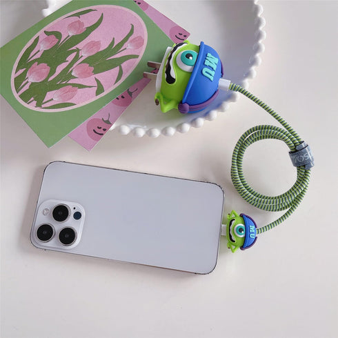 3D Cute Cartoon Charger Protector Case for Apple 20W USB-C Power Adapter and Lightning Cable (Green Hat Mike)