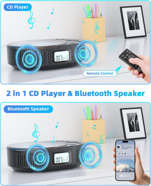 FELEMAN Portable CD Player, Bluetooth CD Player with Speakers, CD Players for Home, Boombox CD Player for Car, Supports