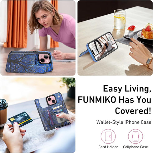 FUNMIKO 15 for iPhone Wallet Case with Card Holder, RFID-Blocking, Military-Grade Protection & UV-Printed Artwork