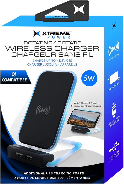 Xtreme Digital Lifestyle Accessories Rotating 5W QI Wireless Charger with 2 USB Ports, iOS & Android Compatible (Black)