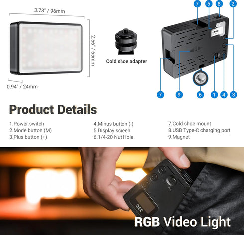 JJC RGB Video Light, 360° Full Color with 24 Effects, 2600mAh Rechargeable LED Camera Light for Photography