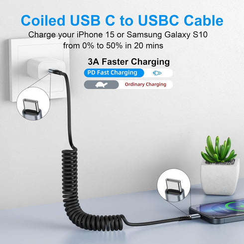 USB C to USB C Cable 3ft 2Pack Coiled USB C Charger Cable Car Type C Fast Charging Cable for iPhone 15/15 Plus/ 15 Pro/ 15 Pro Max/Samsung Galaxy S23 by KIYODA