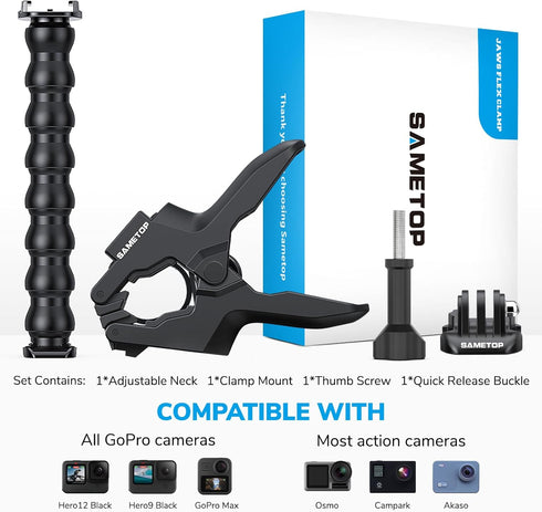 Jaws Flex Clamp Mount Gooseneck Clip for GoPro Hero 1-13, Session, DJI Osmo Action Cameras
