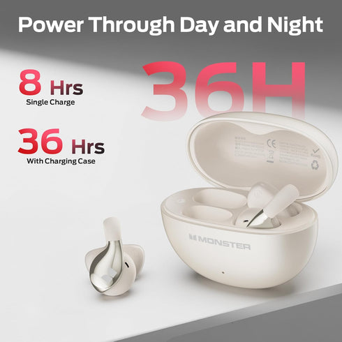 AC225 6.0 36H IPX6 Monster Open Ear Earbuds, Stereo Sound, Bluetooth Open Ear Headphones, Lightweight Comfort Clip-On