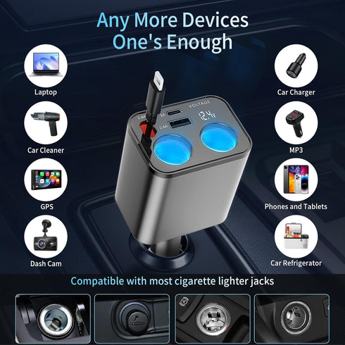 Paiholy 5 in 1 Retractable Car Charger Cigarette Lighter Splitter, 159W Fast Charger with Dual USB Port