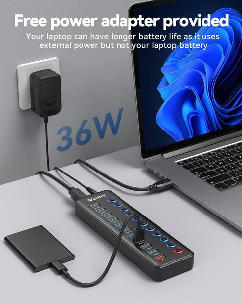 Powered USB Hub, Wenter 11-Port USB Splitter Hub with 10 Data Transfer Ports and 1 Smart Charging Port