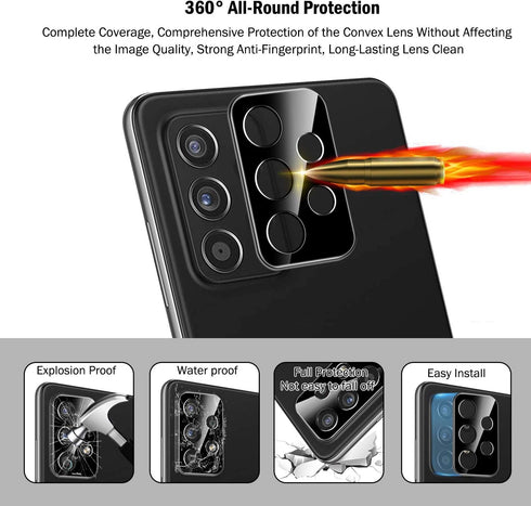 QHOHQ 3 Pack Tempered Glass Screen Protector for Samsung Galaxy A52 4G/5G + Camera Lens Protectors, 9H Hardness,