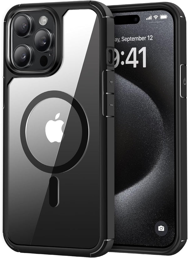 TENDLIN iPhone 15 Pro Magnetic Case - Crystal Clear Hard Back, Soft Bumper, MagSafe Compatible (Black)
