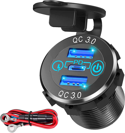 12V 60W USB C Car Charger Socket, 30W PD Type-C & Dual QC 3.0 USB Socket Port, Quick Charge Socket with Touch Switch