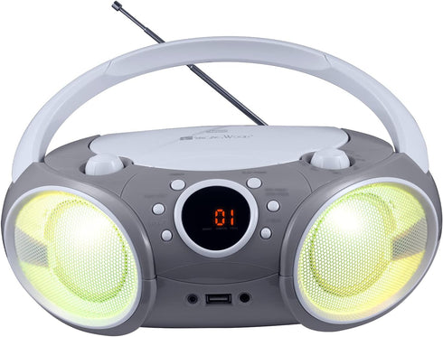 SINGING WOOD 030BTL Portable Boombox, Bluetooth, USB, AM/FM Radio, AUX-Input, Foldable Handle, LED Light (Space Grey)