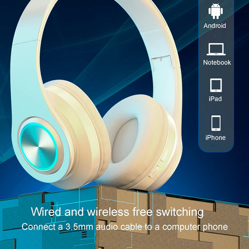 Over Ear Kids Bluetooth Headphones, Colorful LED Lights, Wired & Wireless Lightweight HiFi Stereo Headset (White)