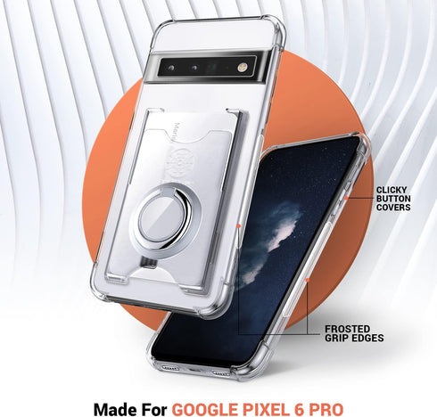 Shields Up Clear Case for Pixel 6 Pro, Minimalist Wallet Case with Card Holder and Ring Kickstand
