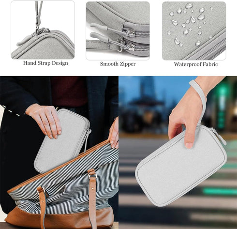 Travel Organizer Pouch - Portable Waterproof Double Layers Storage Bag for Electronic Accessories, Light Grey, Large