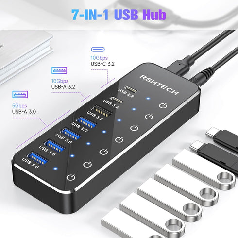 RSHTECH 7-Port Powered USB 3.2 Hub with 10Gbps USB-A 3.2, 2 USB-C 3.2, 4 USB 3.0 Ports, 3.3ft Cable