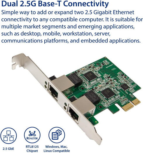 Syba Dual 2.5 Gigabit Ethernet PCI-E Network Expansion Card, RJ45 LAN Adapter, Low Profile Bracket