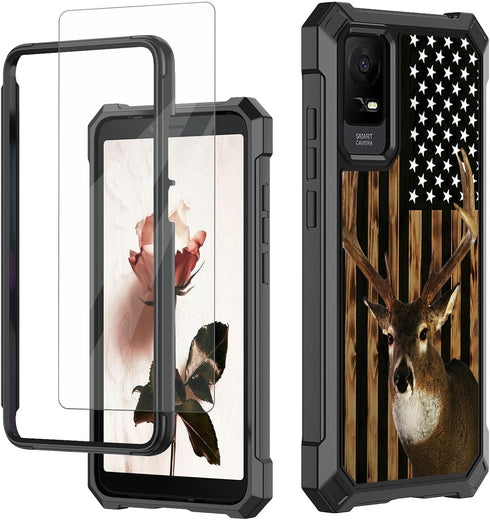 Shop TCL ION X & ION V Case with Glass Screen Protector, Heavy Duty Rugged PC & TPU Bumper, American Flag Deer Design.
