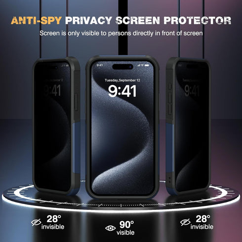 Diaclara iPhone 15 Pro Max Case - Dark Blue, Military Grade Drop Protection, Anti-Spy Privacy Screen Protector, Heavy