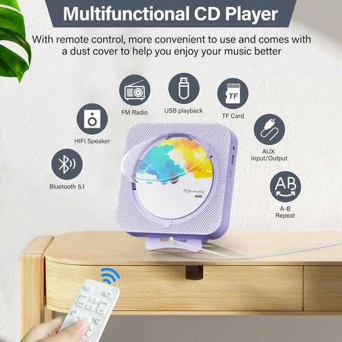 Portable CD Player with Bluetooth, Desktop CD Player with Speakers, Remote Control, LED Display, Supports CD/FM Radio