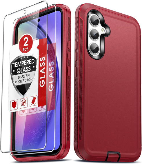 LeYi Samsung A54 5G Case with 2 PCS Screen Protector, Heavy Duty 3 in 1 Military Grade Shockproof Cover (Red+Black)