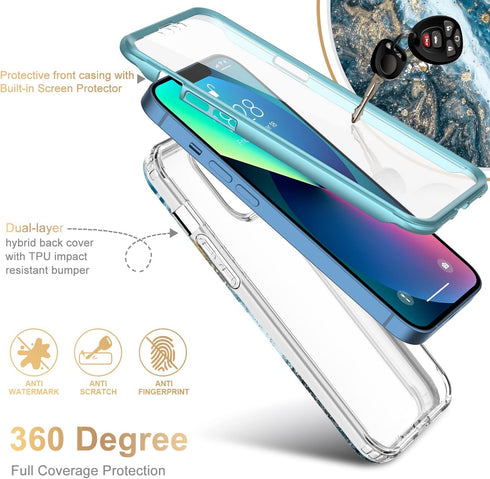Esdot for iPhone 13 Case Opal Marble Teal - Built-in Screen Protector, Military Grade Rugged Cover for Women Girls, 6.1"