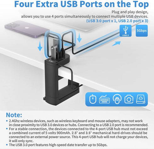 KIWIFOTOS Headphone Stand with 4 USB Ports Hub, PC Gaming Headset Holder, 360 Degree Rotation Clamp Under Desk