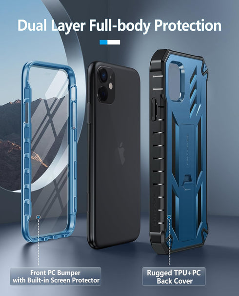 FNTCASE iPhone 11 Case: Shockproof Military Grade, Dual Layer Protection, Kickstand, Matte Textured, 6.1" Blue.