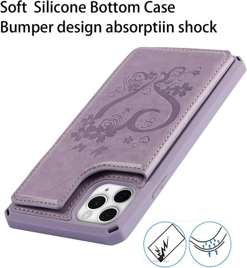 Cavor Card Holder Case for iPhone 11 Pro Max - PU Leather Shockproof Wallet with Credit Card Slots, Heart Purple