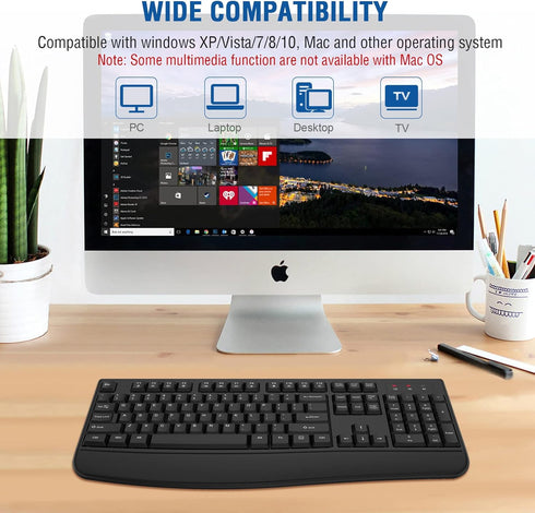 EDJO Wireless Keyboard, 2.4G Ergonomic Full Size Wireless Computer Keyboard with Wrist Rest for Windows, Mac OS