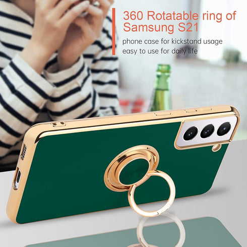 Compatible with Samsung Galaxy S21 Case, Finger Ring Holder Rose Gold Plating Design for Women, Shockproof TPU Bumper
