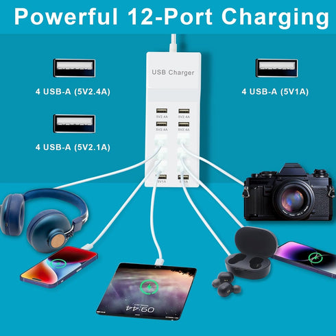 USB Charger, 12 Port USB Charging Station Hub with Fast Charging Wall Charger for Multiple Devices, Compatible with