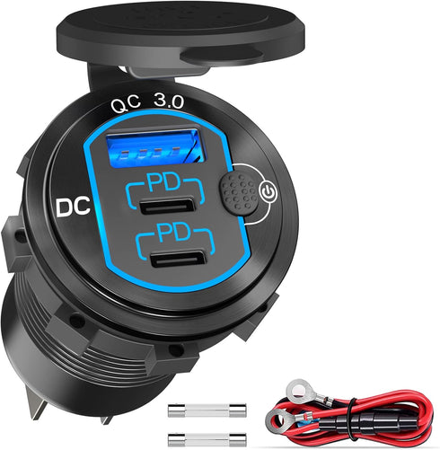12V USB Outlet 78W - Qidoe Dual 60W PD & 18W QC3.0 Charger Socket with Switch for Marine, Motorcycle, Truck