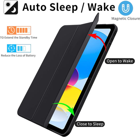 iPad 10th Generation Case, Auto Wake & Sleep Cover, Slim Trifold Stand TPU Back Shell for 10.9 inch Black