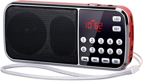 PRUNUS J-189 Bluetooth AM FM Radio, Small Portable Radio with Dual Speaker Heavy Bass, LED Flashlight, Pocket Size, TF