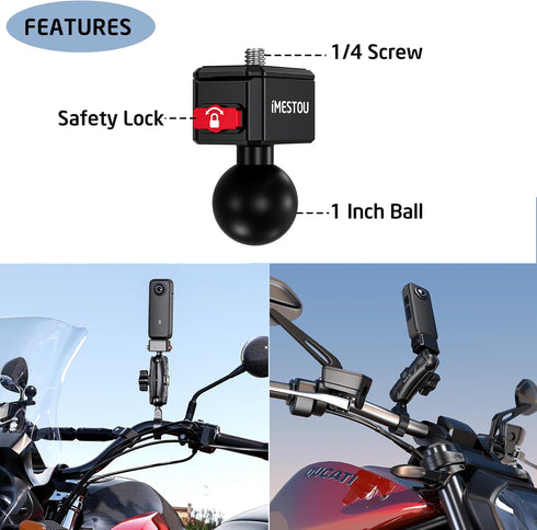 iMESTOU Sports Camera Riding Mount with 1/4 Screw for Insta 360 Action Camera, 1" Ball Head