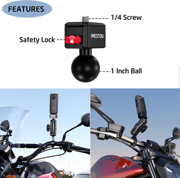 iMESTOU Sports Camera Riding Mount with 1/4 Screw for Insta 360 Action Camera, 1" Ball Head