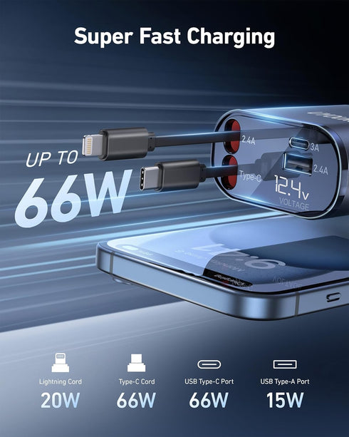 2Pack Car Phone Charger Adapter, Retractable 4in1 Fast Charging Dual Cables 31.5 Inch, Compatible with iPhone and