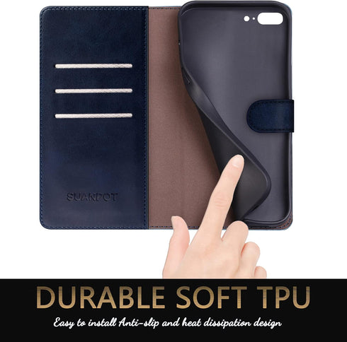 SUANPOT for iPhone 7 Plus/8 Plus Case - RFID Blocking Leather Wallet Case with Credit Card Holder, Shockproof Cover